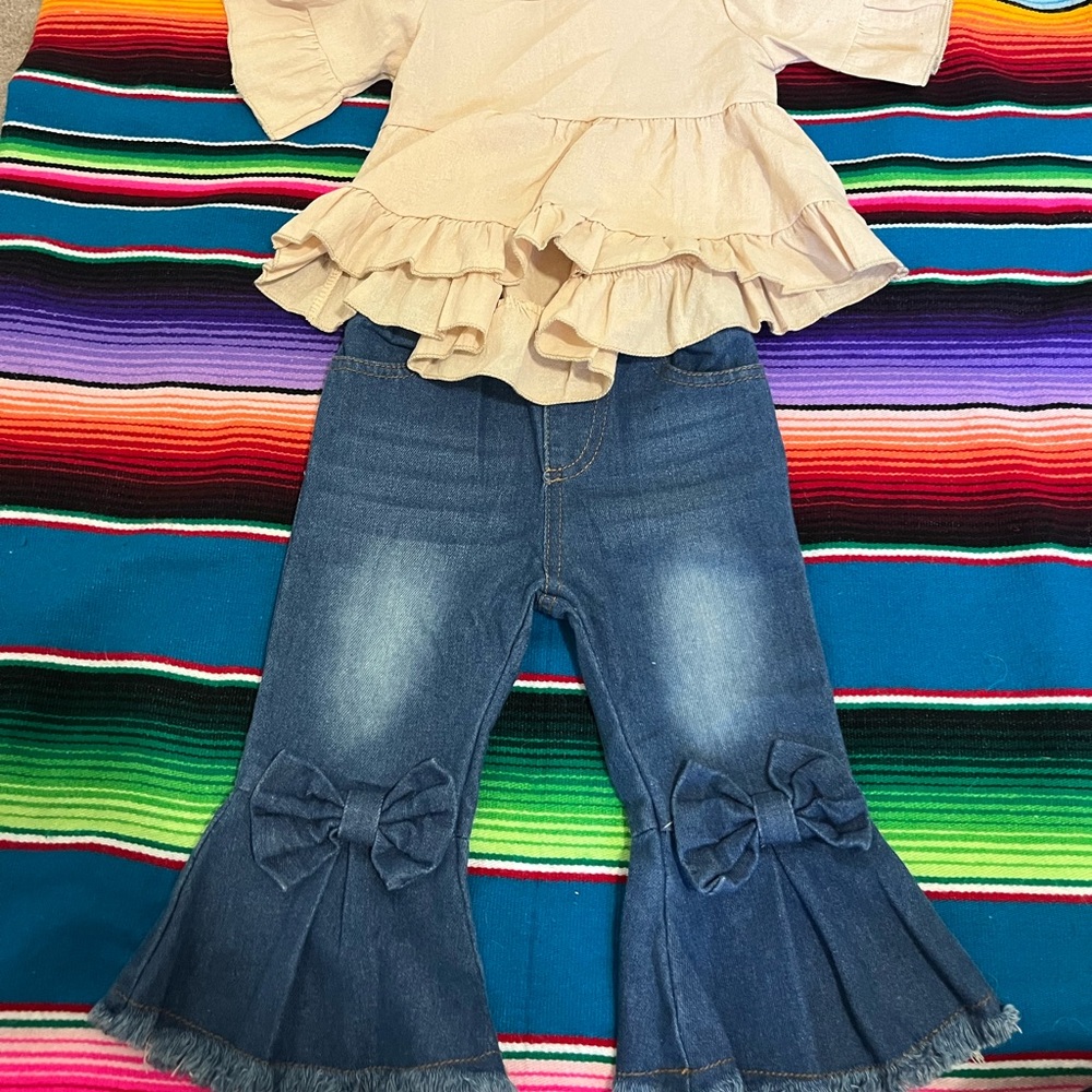 Baby Denim Bow Flared Jeans & Shirt